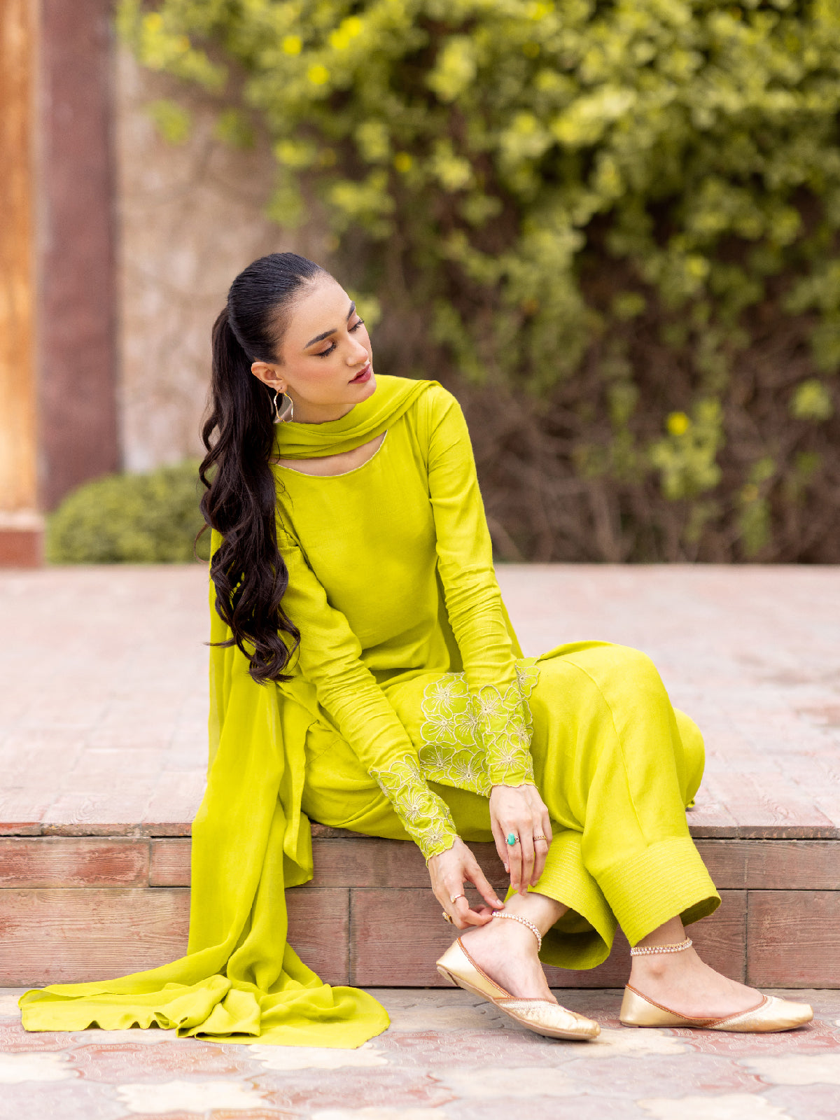 03-Piece The Mashaal Cotton Silk Set Lime