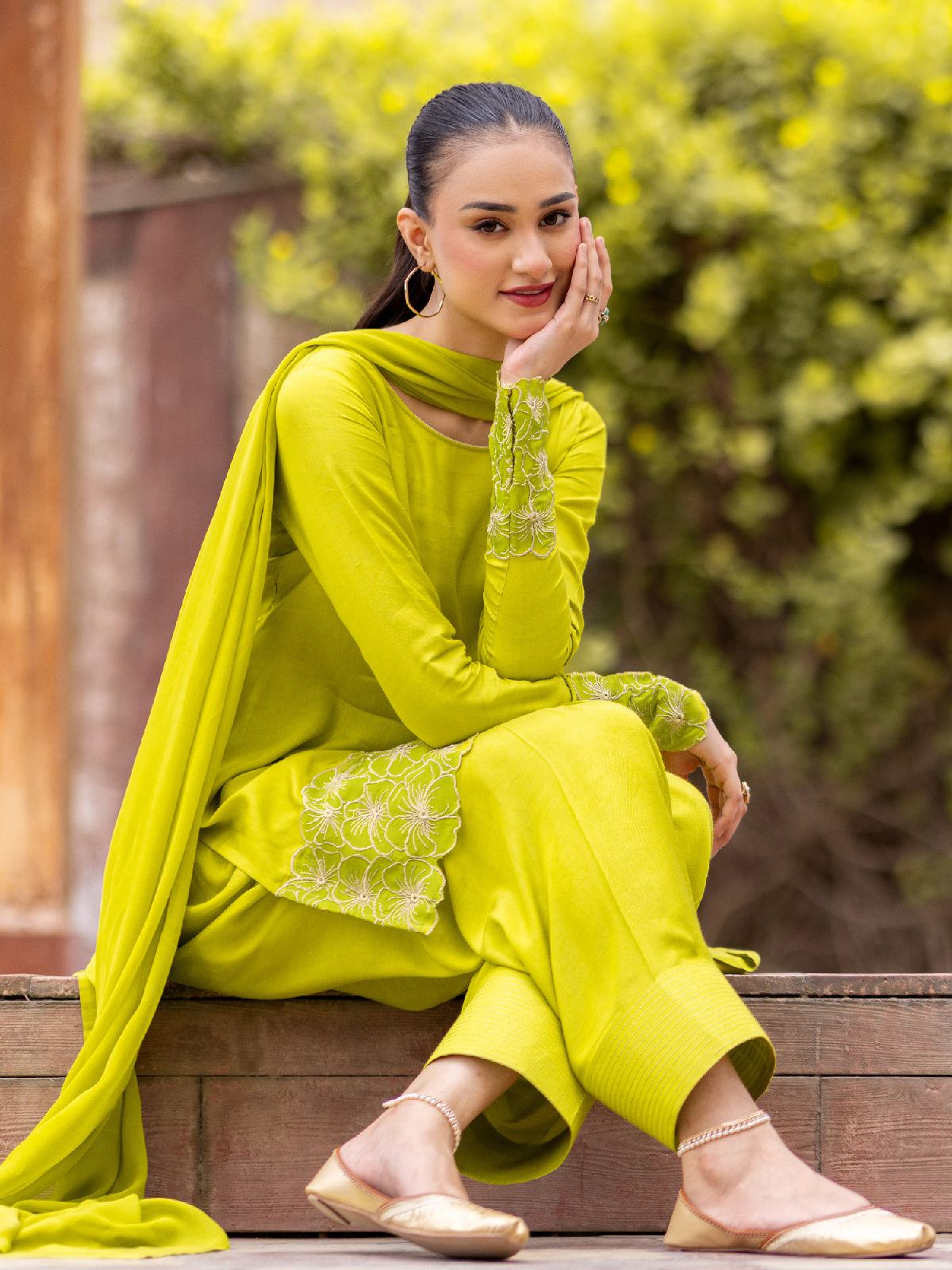 03-Piece The Mashaal Cotton Silk Set Lime