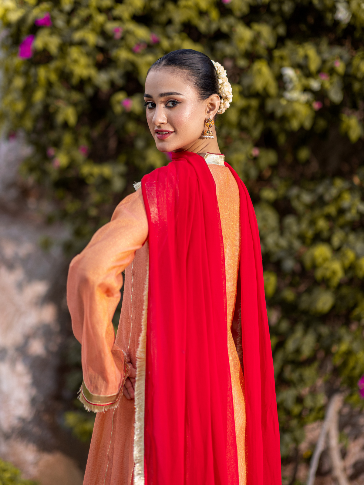 The Mishry Set  Luxurious 3-Piece Zari Net Suit Peach