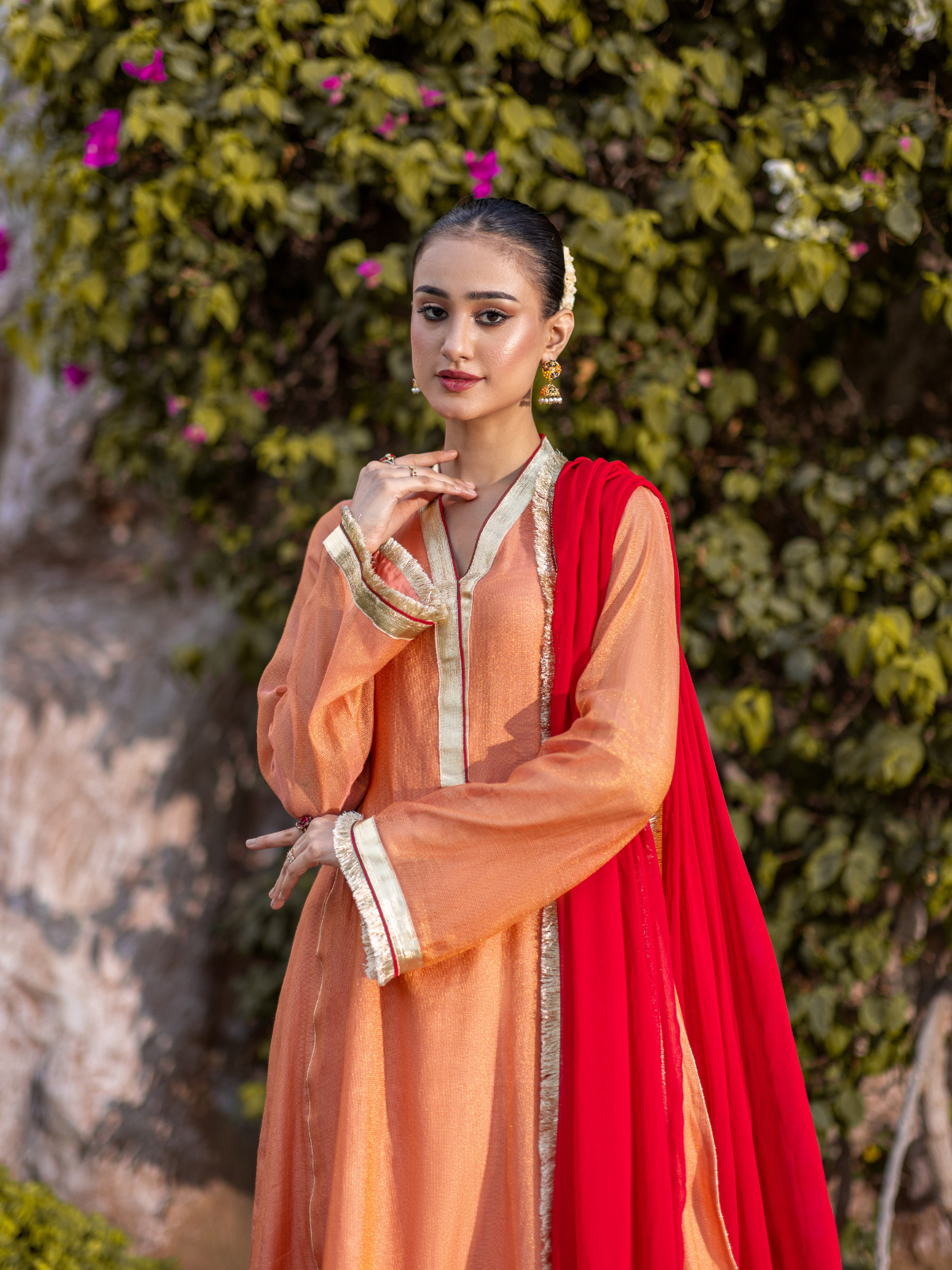 The Mishry Set  Luxurious 3-Piece Zari Net Suit Peach