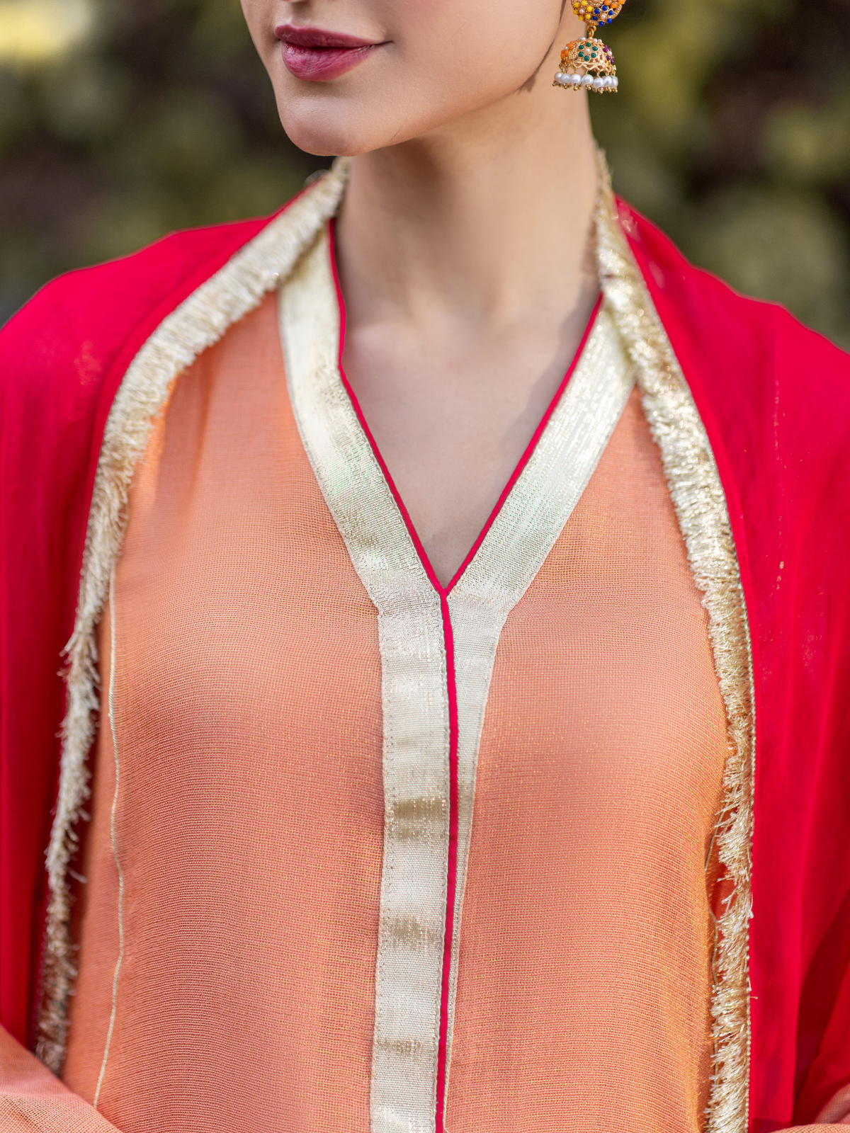 The Mishry Set  Luxurious 3-Piece Zari Net Suit Peach