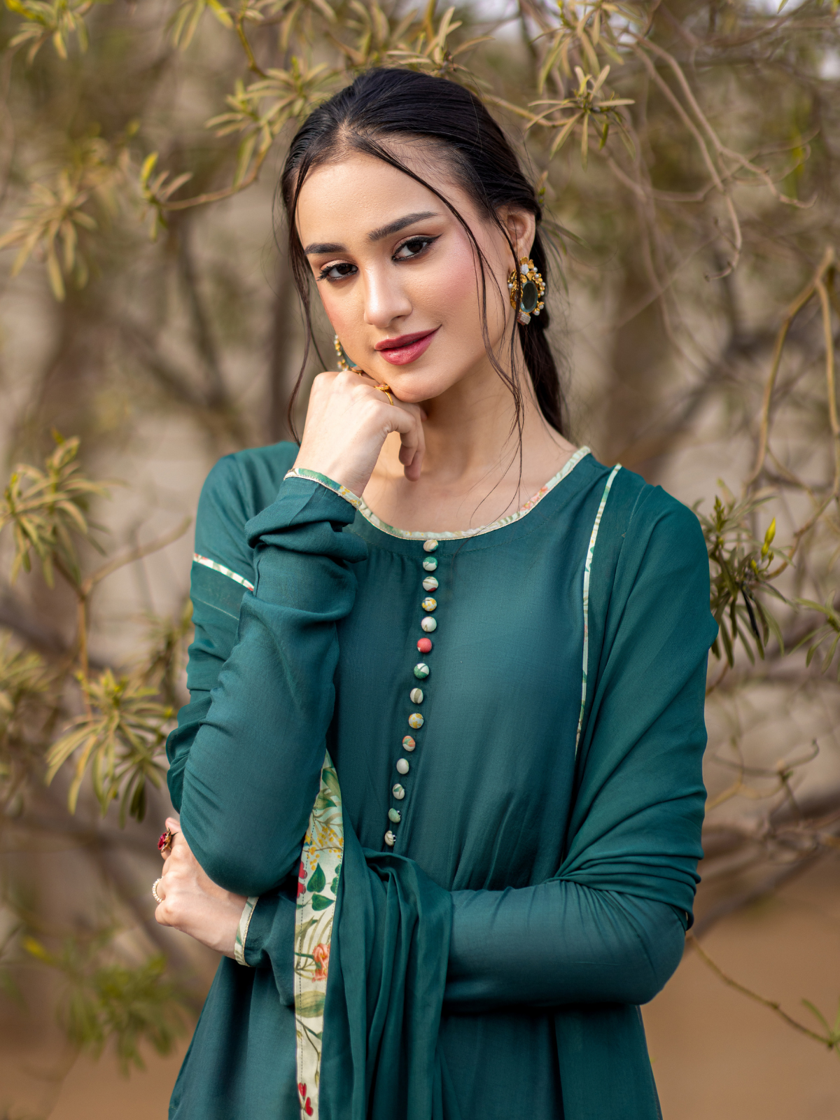 03-Pieces The Anarah Set Premium Swiss Lawn Suit Moss Green