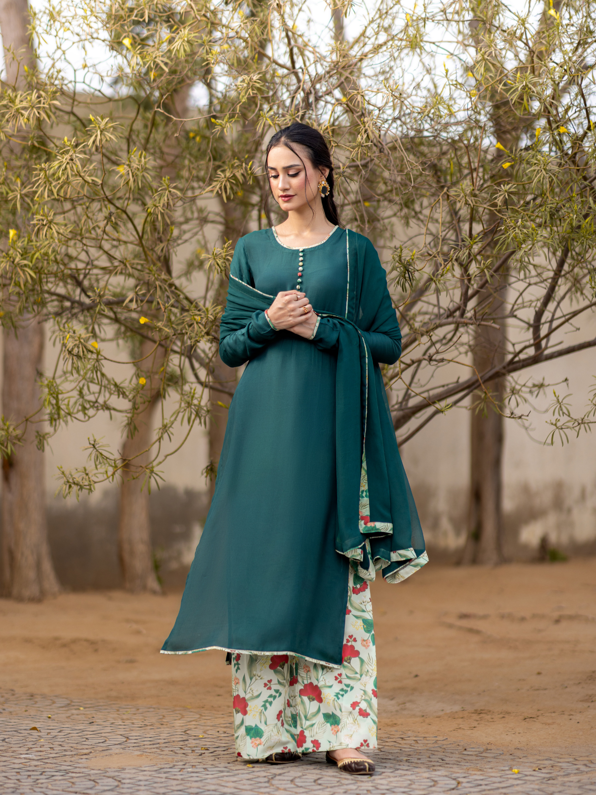 03-Pieces The Anarah Set Premium Swiss Lawn Suit Moss Green