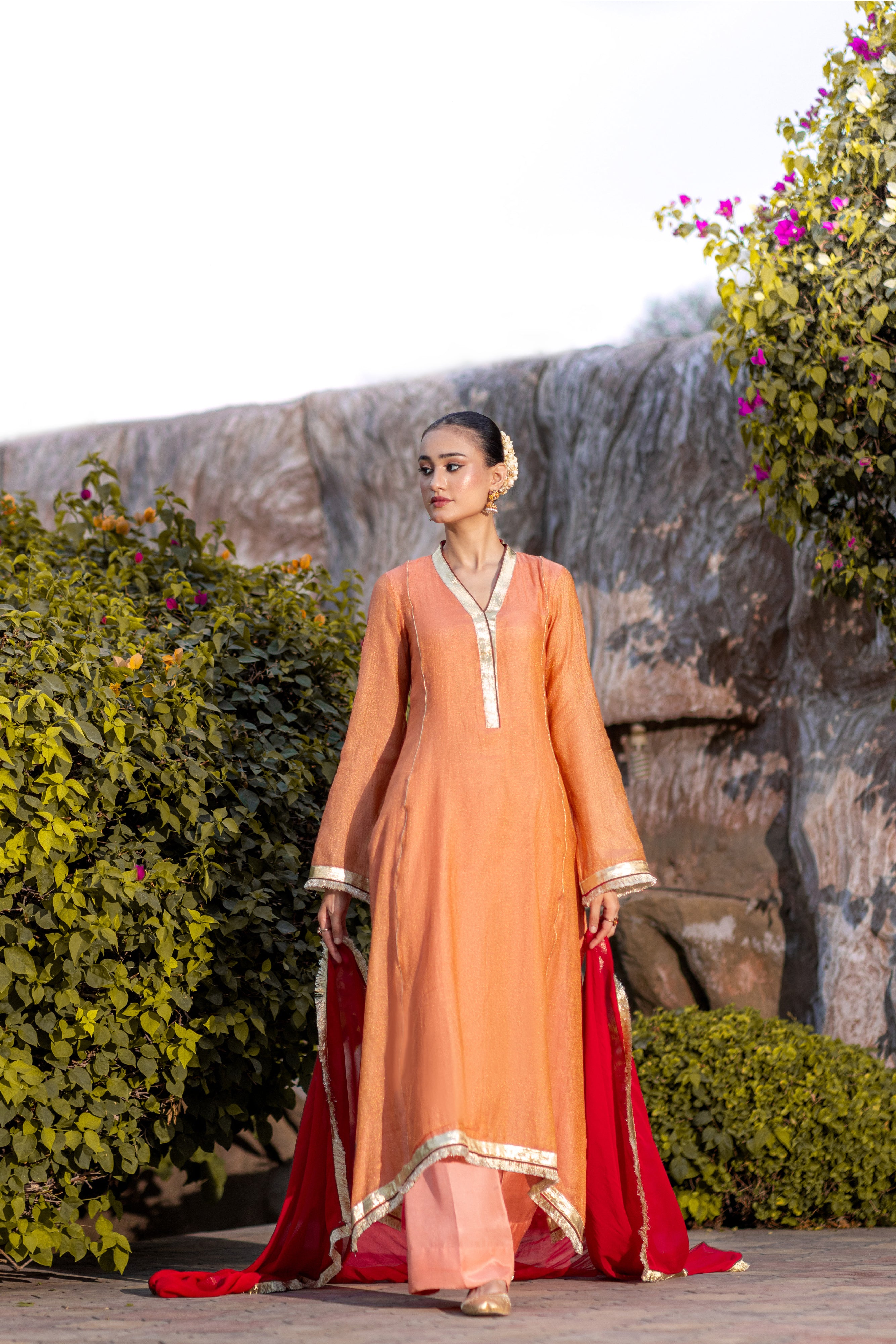 The Mishry Set  Luxurious 3-Piece Zari Net Suit Peach