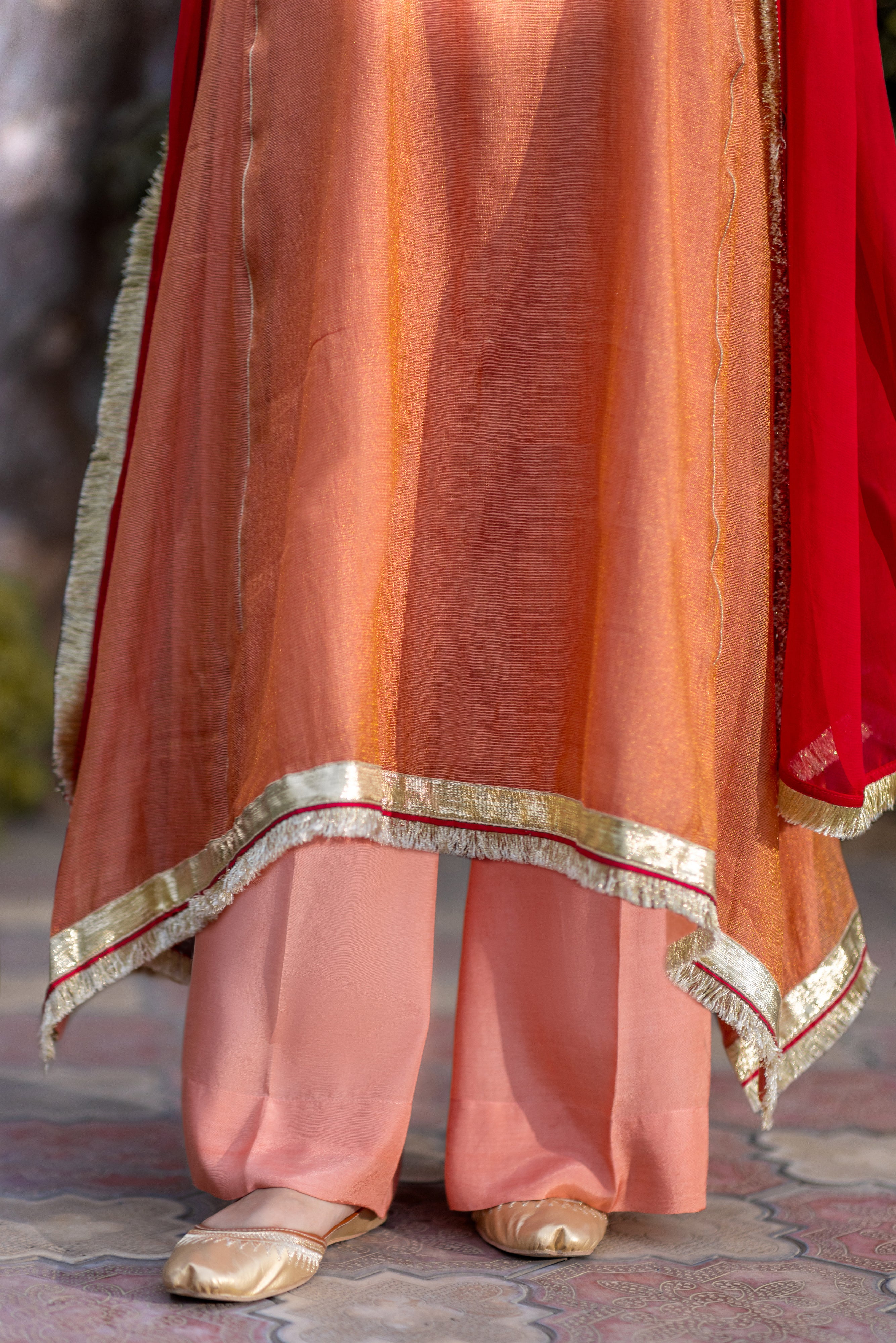 The Mishry Set  Luxurious 3-Piece Zari Net Suit Peach